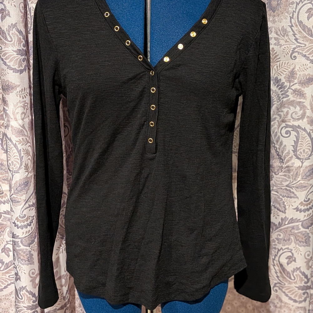 Sonoma Black V-Neck Blouse with Gold Button Detail